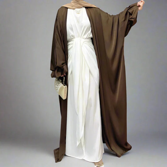 Heidi-Mode | Puffärmel Satin Strickpullover Offene Abaya Kleid Muslimische Frauen