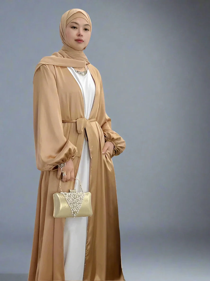 Heidi-Mode | Elegante Puffärmel Satin Offene Abaya Kleid Muslimische Frauen