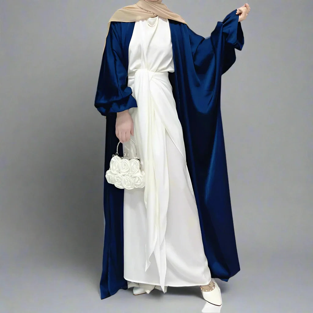 Heidi-Mode | Puffärmel Satin Strickpullover Offene Abaya Kleid Muslimische Frauen