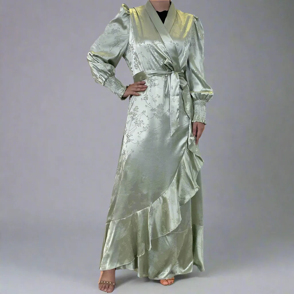 Heidi-Mode | Muslim Satin Gedruckte Offene Kimono Abaya Kleid