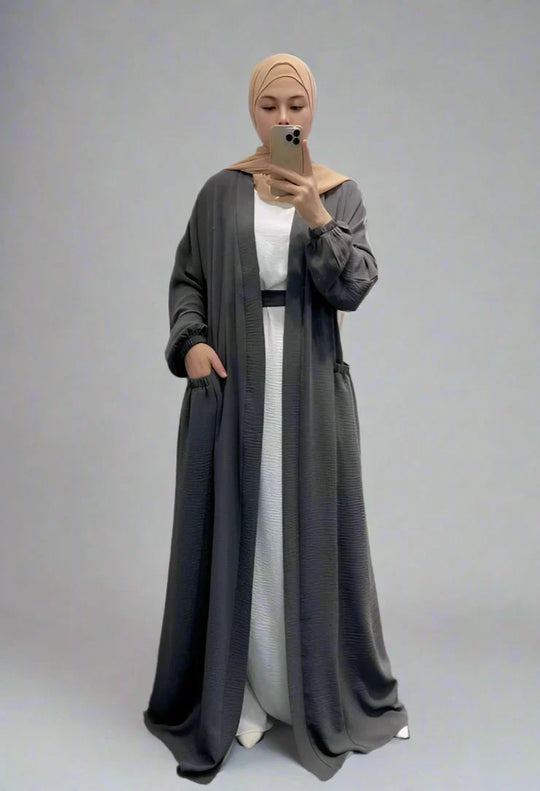 Heidi-Mode | 8 Farboptionen Rüsch Offene Abaya Kleid Muslimische Frauen