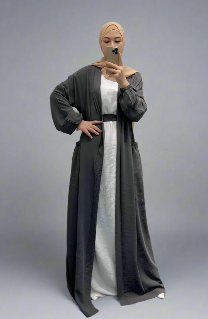 Heidi-Mode | 8 Farboptionen Rüsch Offene Abaya Kleid Muslimische Frauen