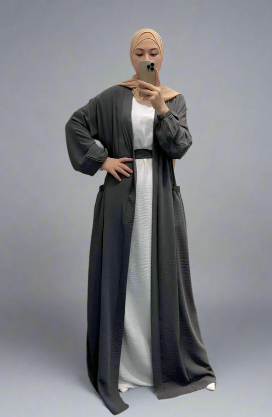 Heidi-Mode | 8 Farboptionen Rüsch Offene Abaya Kleid Muslimische Frauen