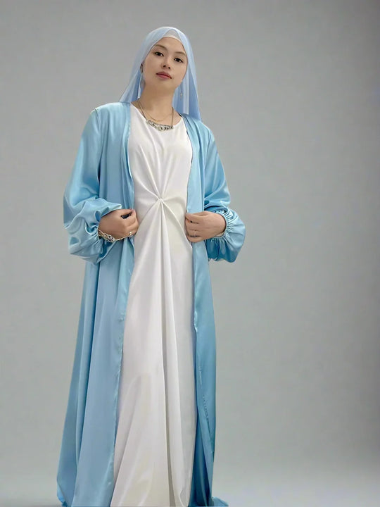 Heidi-Mode | Elegante Puffärmel Satin Offene Abaya Kleid Muslimische Frauen