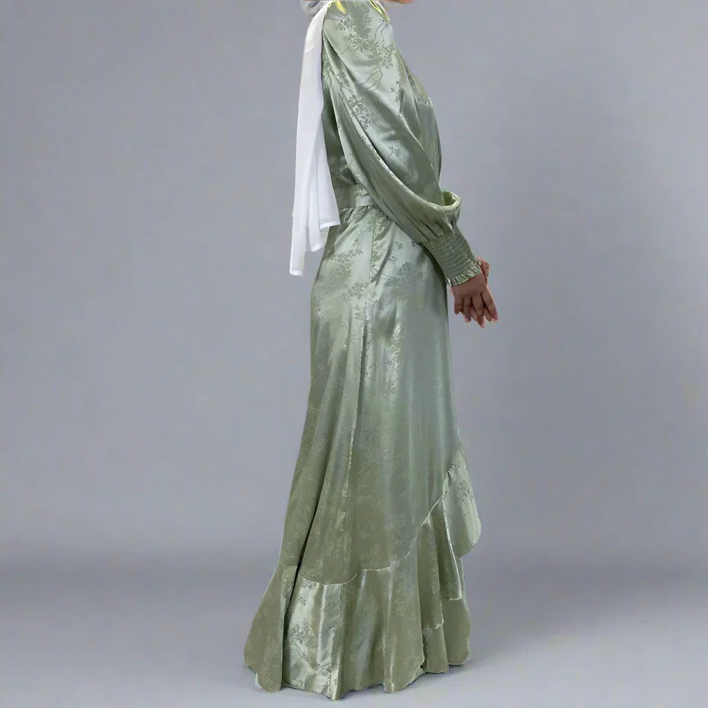 Heidi-Mode | Muslim Satin Gedruckte Offene Kimono Abaya Kleid