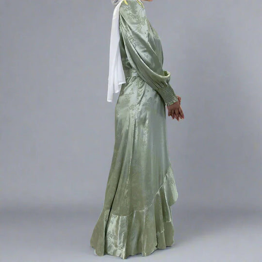 Heidi-Mode | Muslim Satin Gedruckte Offene Kimono Abaya Kleid