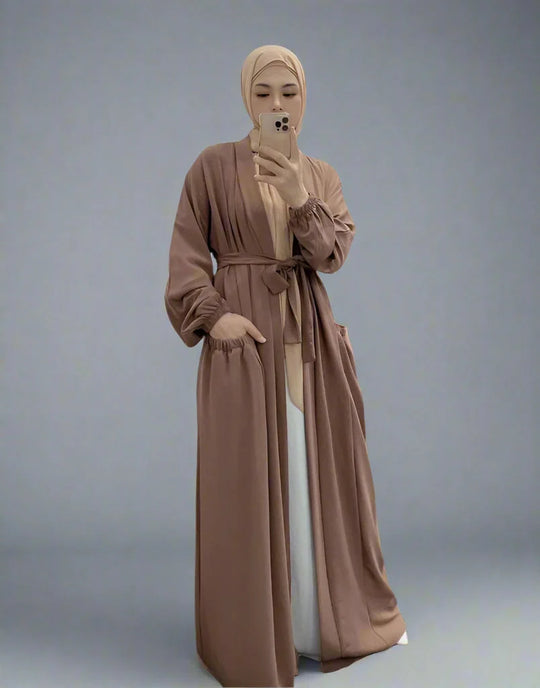 Heidi-Mode | 8 Farboptionen Rüsch Offene Abaya Kleid Muslimische Frauen