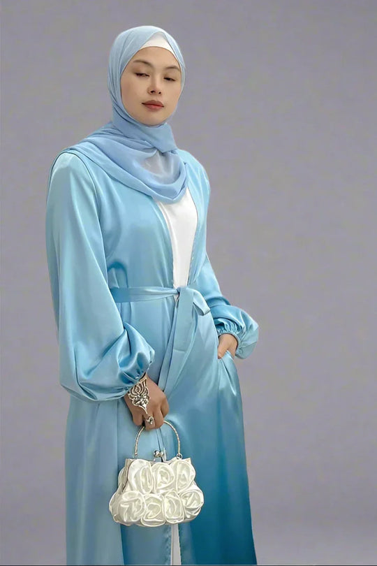 Heidi-Mode | Elegante Puffärmel Satin Offene Abaya Kleid Muslimische Frauen