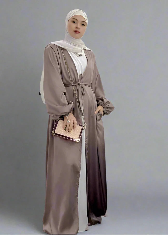 Heidi-Mode | Elegante Puffärmel Satin Offene Abaya Kleid Muslimische Frauen