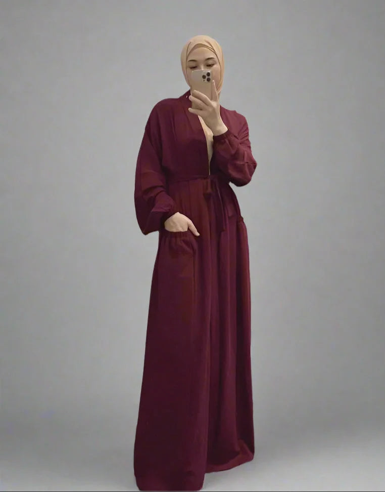 Heidi-Mode | 8 Farboptionen Rüsch Offene Abaya Kleid Muslimische Frauen