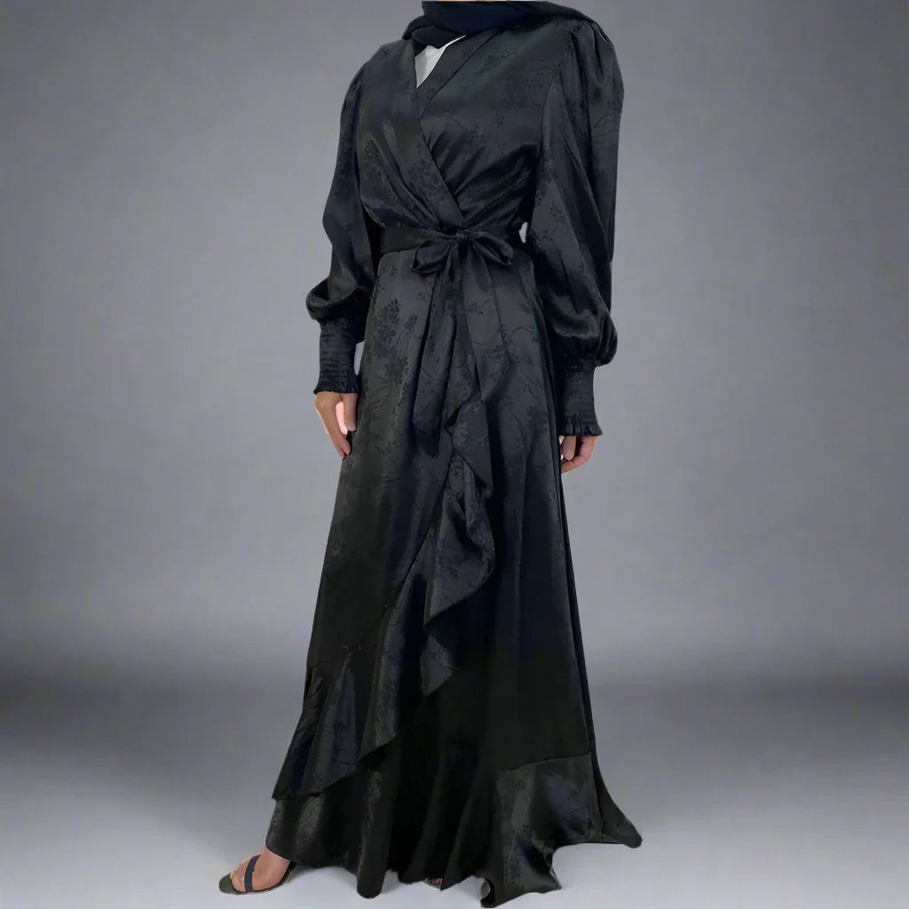 Heidi-Mode | Muslim Satin Gedruckte Offene Kimono Abaya Kleid