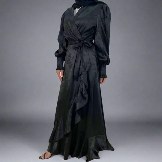 Heidi-Mode | Muslim Satin Gedruckte Offene Kimono Abaya Kleid