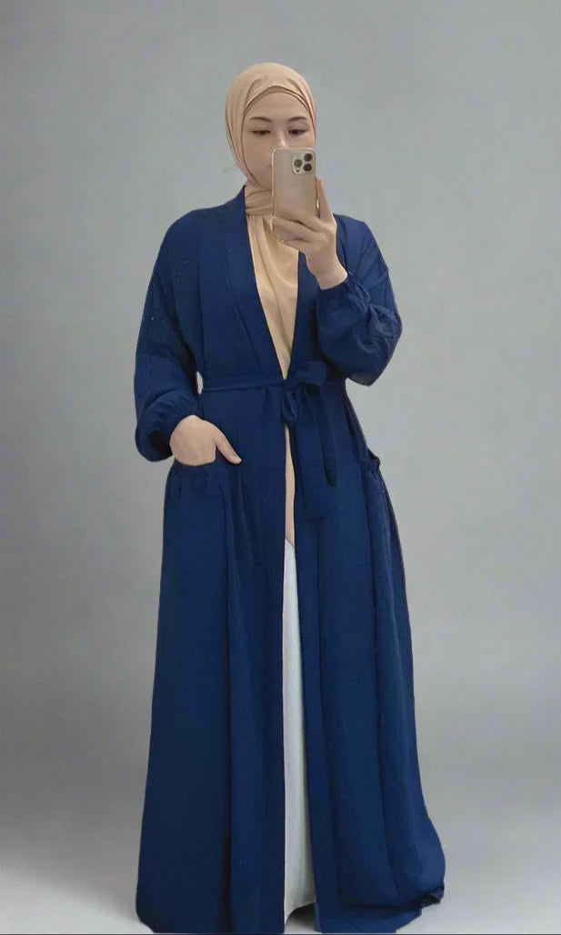 Heidi-Mode | 8 Farboptionen Rüsch Offene Abaya Kleid Muslimische Frauen