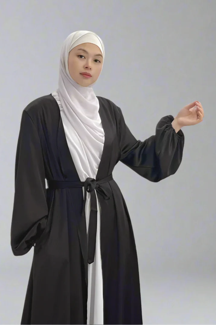 Heidi-Mode | Elegante Puffärmel Satin Offene Abaya Kleid Muslimische Frauen