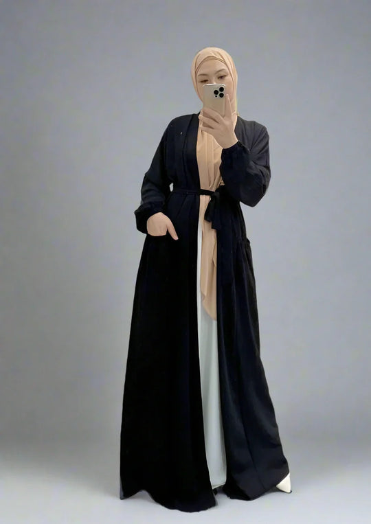 Heidi-Mode | 8 Farboptionen Rüsch Offene Abaya Kleid Muslimische Frauen