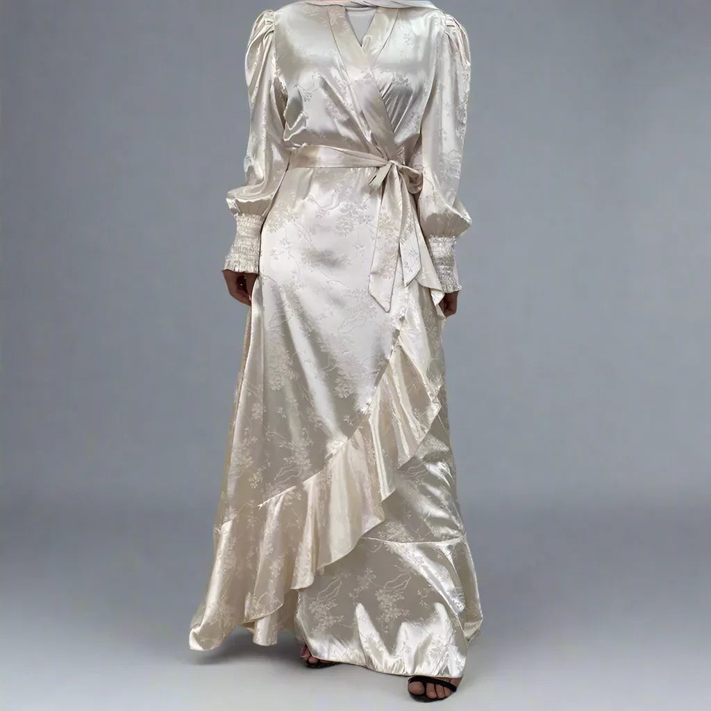 Heidi-Mode | Muslim Satin Gedruckte Offene Kimono Abaya Kleid