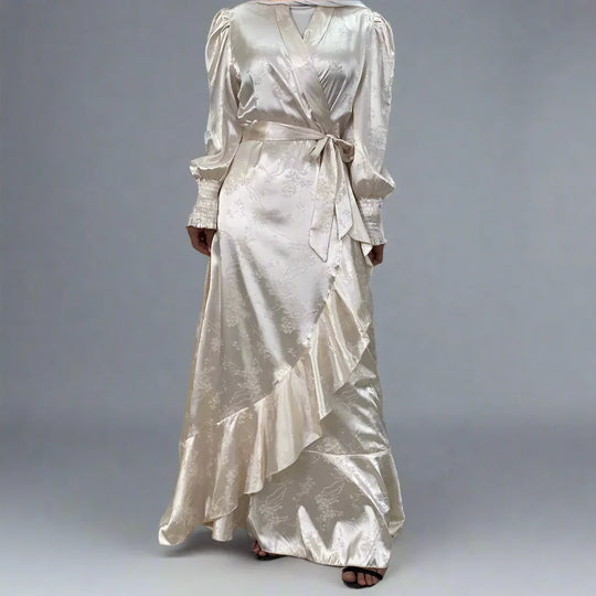 Heidi-Mode | Muslim Satin Gedruckte Offene Kimono Abaya Kleid