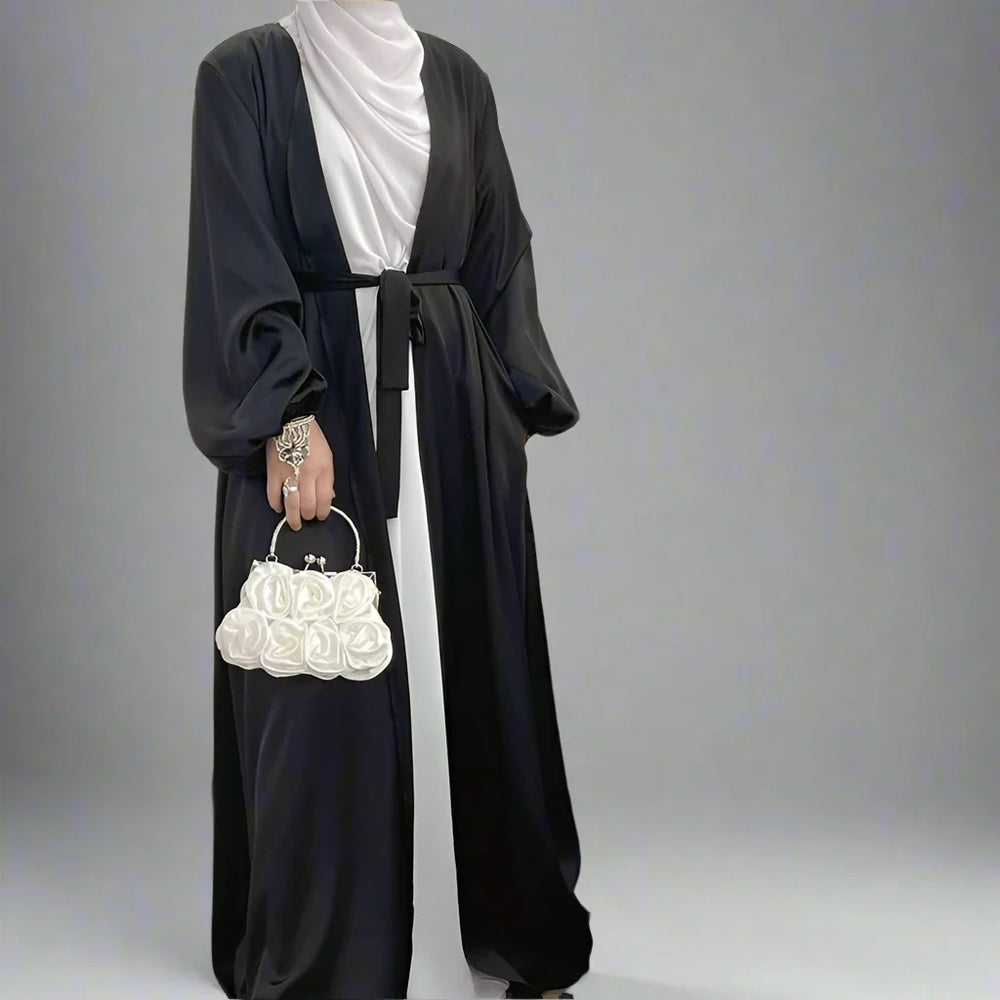 Heidi-Mode | Elegante Puffärmel Satin Offene Abaya Kleid Muslimische Frauen