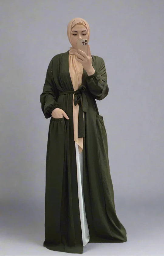 Heidi-Mode | 8 Farboptionen Rüsch Offene Abaya Kleid Muslimische Frauen