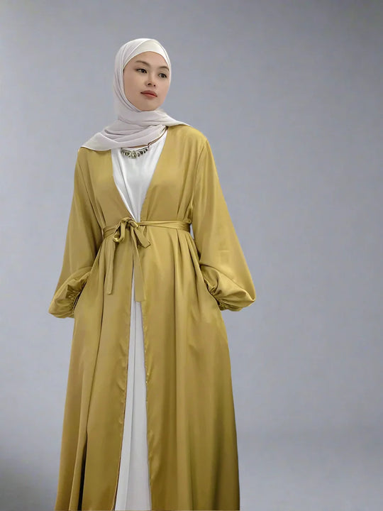 Heidi-Mode | Elegante Puffärmel Satin Offene Abaya Kleid Muslimische Frauen