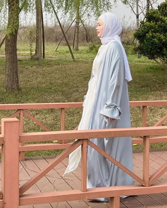 Heidi-Mode | Puffärmel Satin Strickpullover Offene Abaya Kleid Muslimische Frauen