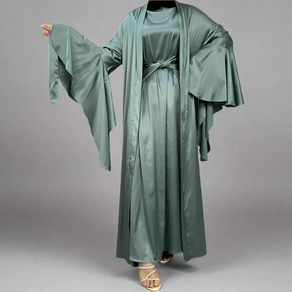Heidi-Mode | 2 Teiliges Set Satin Offene Abaya Kleid