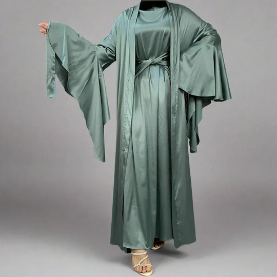Heidi-Mode | 2 Teiliges Set Satin Offene Abaya Kleid
