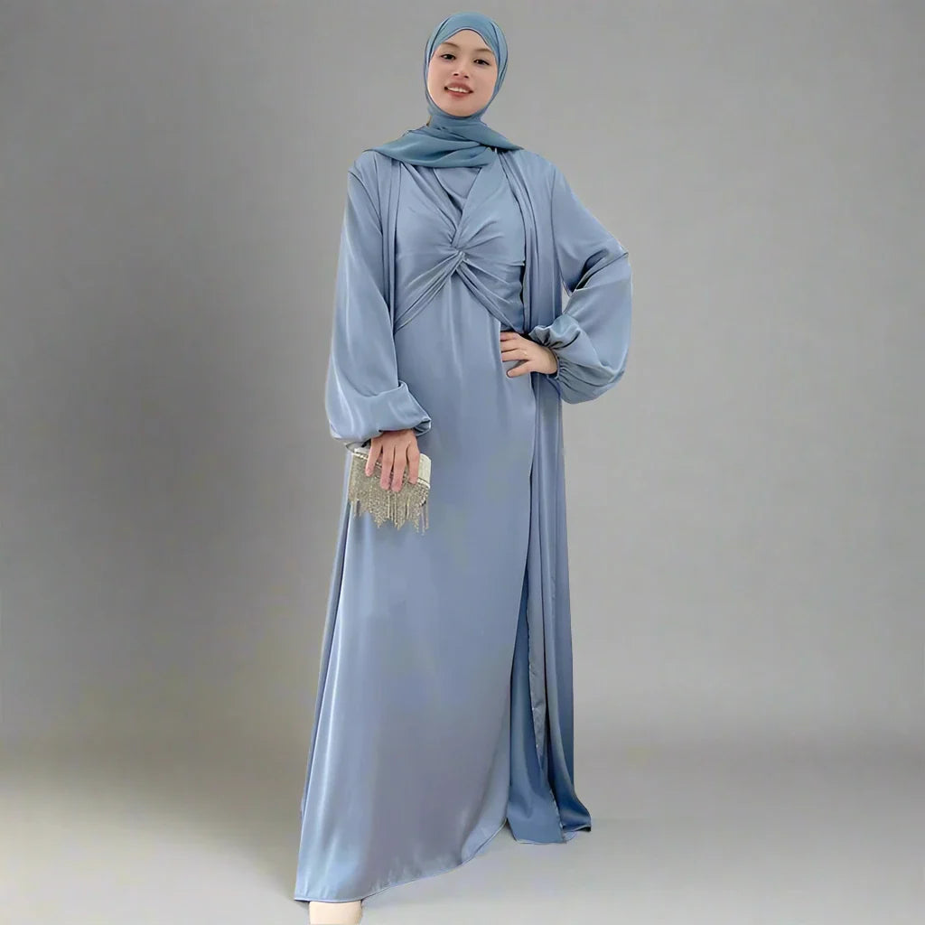 Heidi-Mode | 3 Teile Set Satin Offene Abaya Kleid für Muslime Frauen