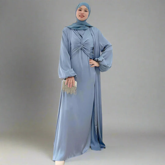 Heidi-Mode | 3 Teile Set Satin Offene Abaya Kleid für Muslime Frauen