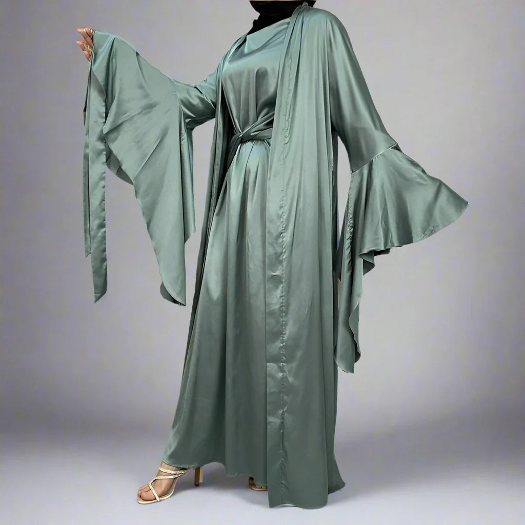 Heidi-Mode | 2 Teiliges Set Satin Offene Abaya Kleid