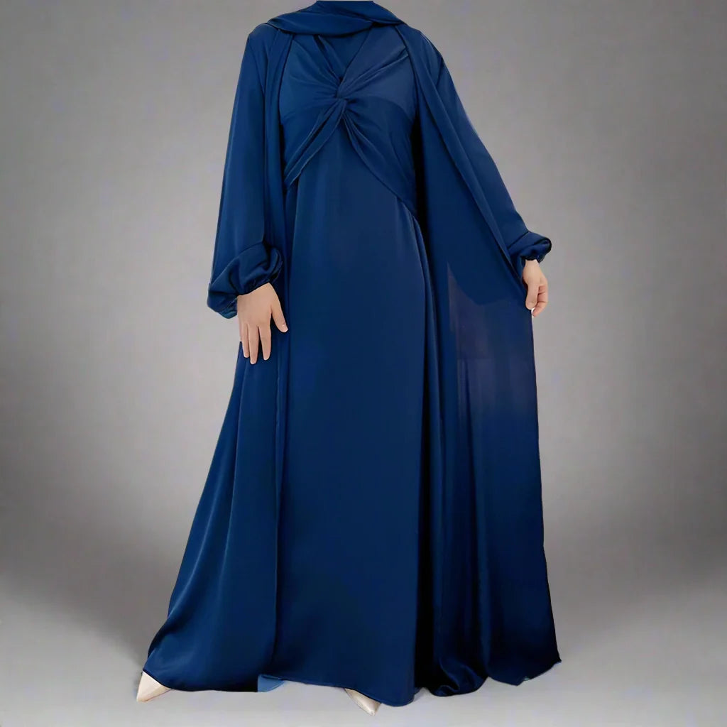 Heidi-Mode | 3 Teile Set Satin Offene Abaya Kleid für Muslime Frauen