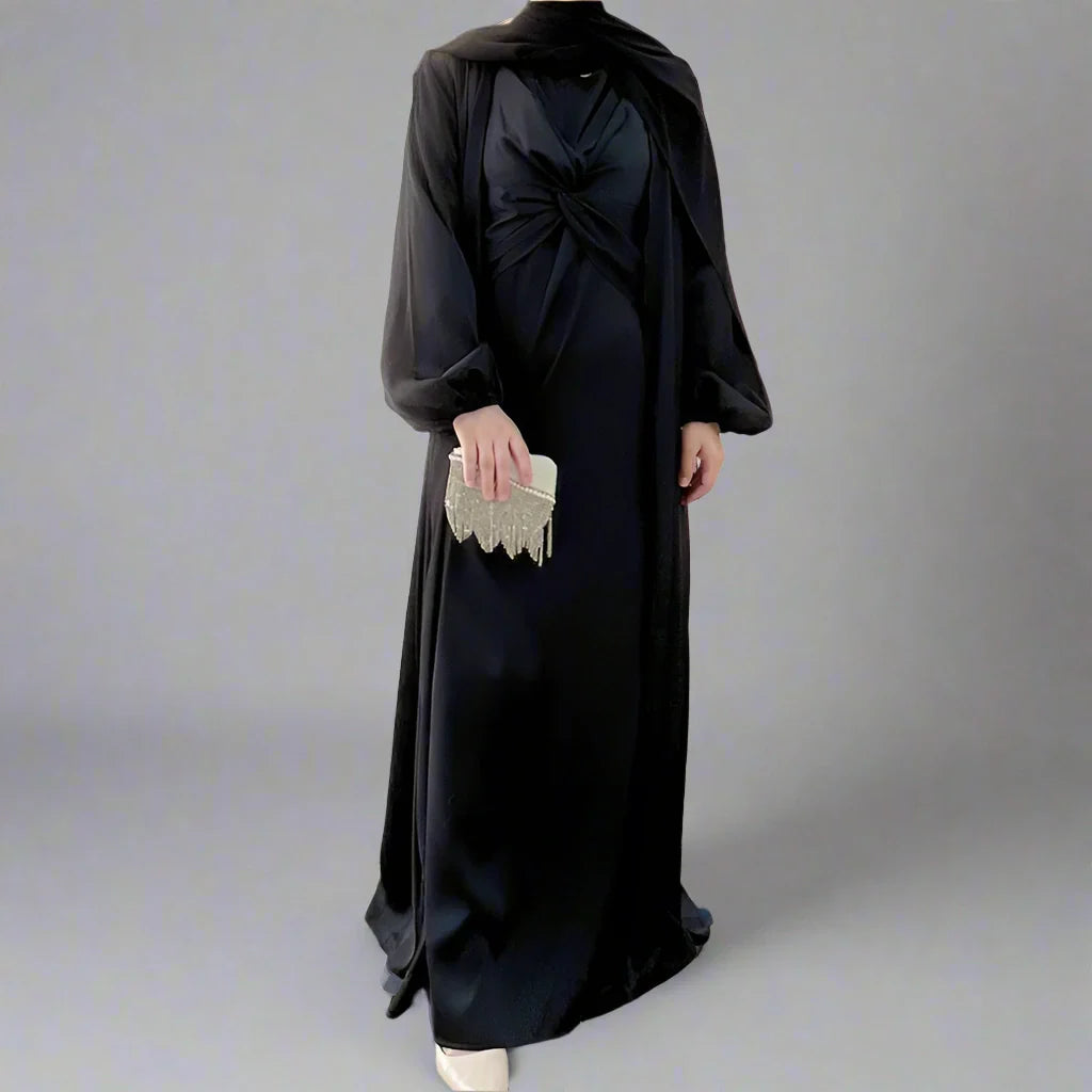 Heidi-Mode | 3 Teile Set Satin Offene Abaya Kleid für Muslime Frauen
