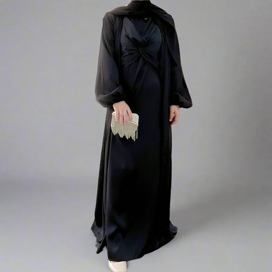 Heidi-Mode | 3 Teile Set Satin Offene Abaya Kleid für Muslime Frauen