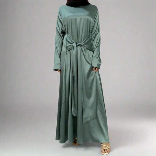 Heidi-Mode | 2 Teiliges Set Satin Offene Abaya Kleid