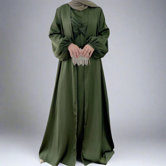 Heidi-Mode | 3 Teile Set Satin Offene Abaya Kleid für Muslime Frauen