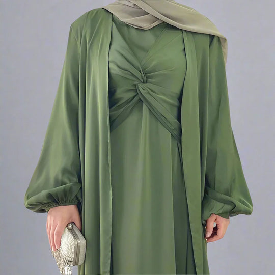 Heidi-Mode | 3 Teile Set Satin Offene Abaya Kleid für Muslime Frauen