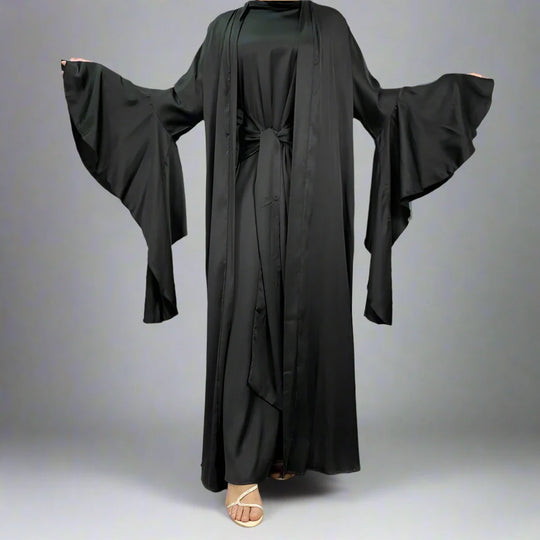 Heidi-Mode | 2 Teiliges Set Satin Offene Abaya Kleid