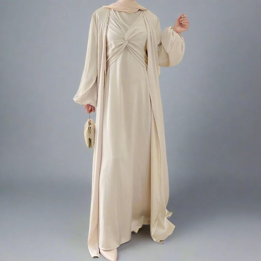 Heidi-Mode | 3 Teile Set Satin Offene Abaya Kleid für Muslime Frauen