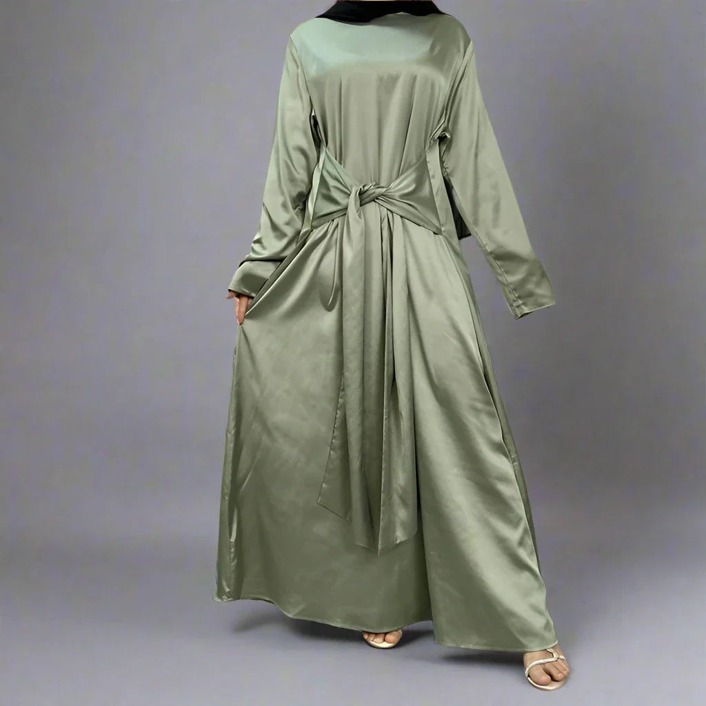 Heidi-Mode | 2 Teiliges Set Satin Offene Abaya Kleid