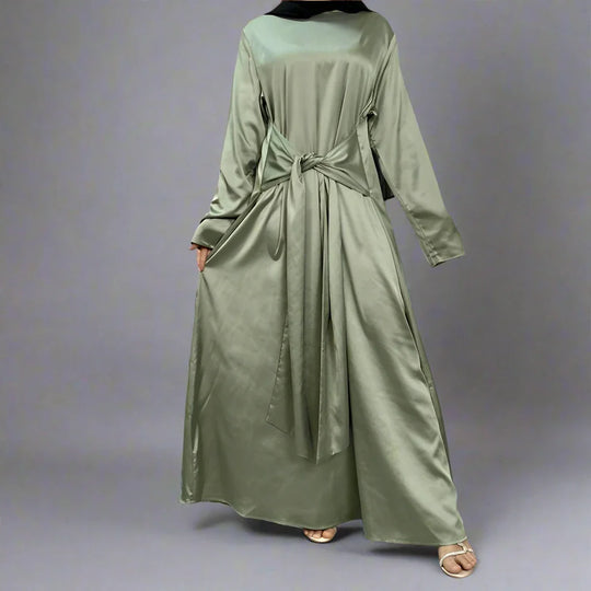 Heidi-Mode | 2 Teiliges Set Satin Offene Abaya Kleid