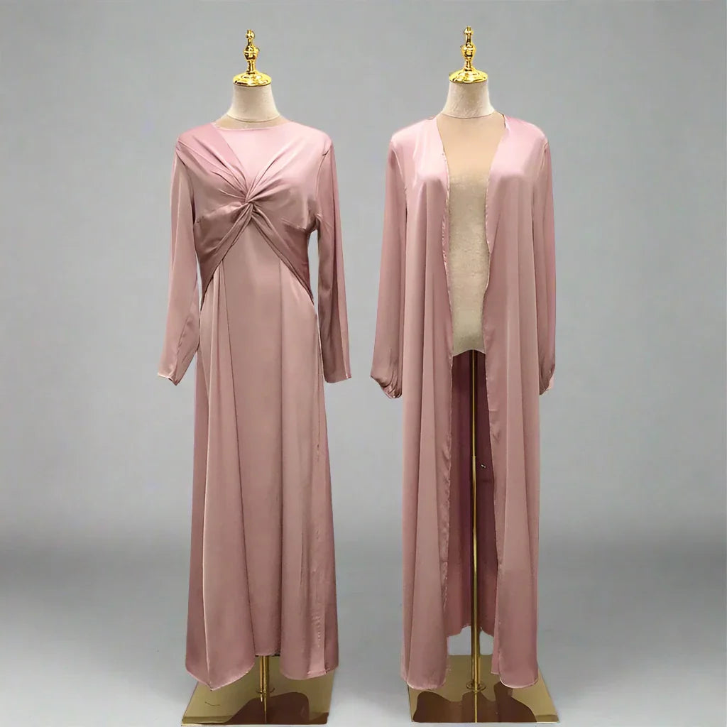 Heidi-Mode | 3 Teile Set Satin Offene Abaya Kleid für Muslime Frauen