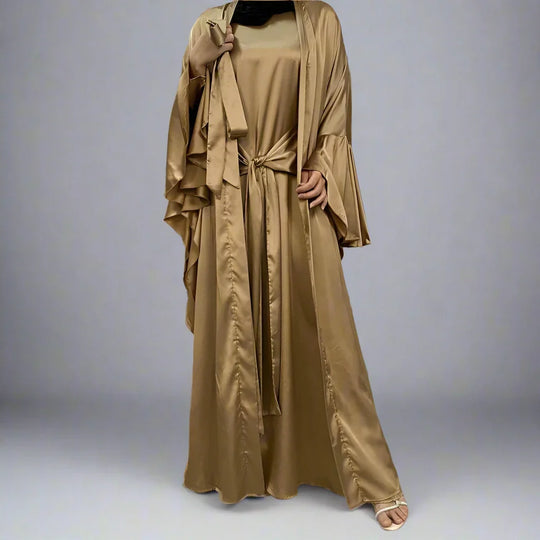 Heidi-Mode | 2 Teiliges Set Satin Offene Abaya Kleid