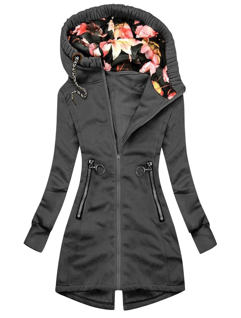 Heidi-Mode | Stylischer Hoher Kragen Reißverschluss Taschen Regenmantel Mit Bedruckter Kapuze Perfekt Für Herbst/Winter