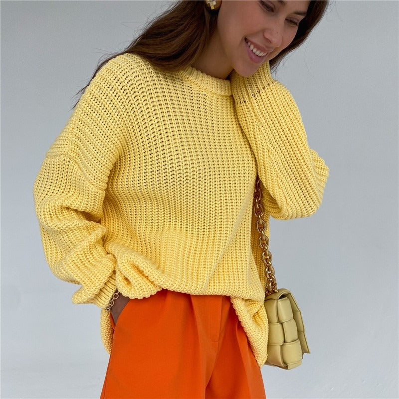 Heidi – Modischer Strickpullover in Uni mit Rundhalsausschnitt