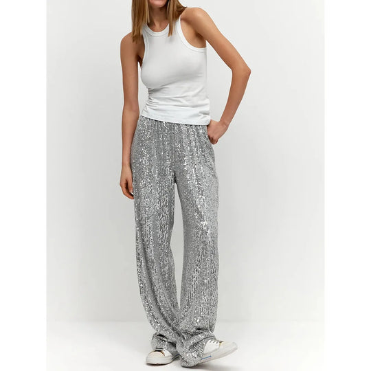 Heidi-Mode | Silberne Paillettenhose für festliche Anlässe