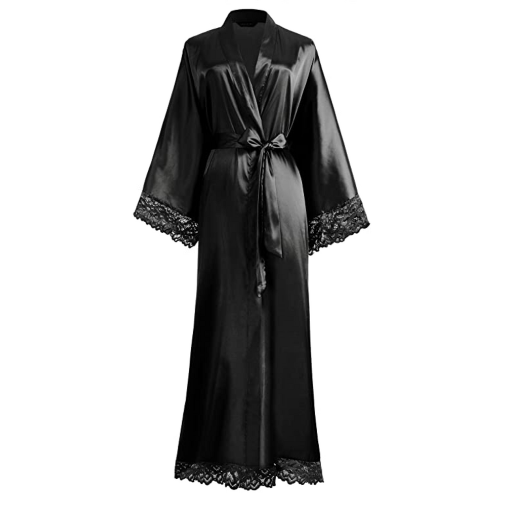Heidi-Mode | Lange Bademantel aus Satin mit Spitzen Details