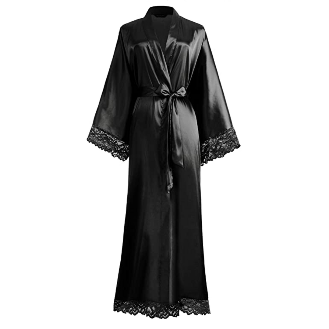 Heidi-Mode | Lange Bademantel aus Satin mit Spitzen Details