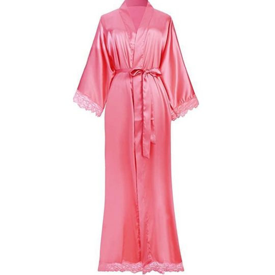 Heidi-Mode | Lange Bademantel aus Satin mit Spitzen Details