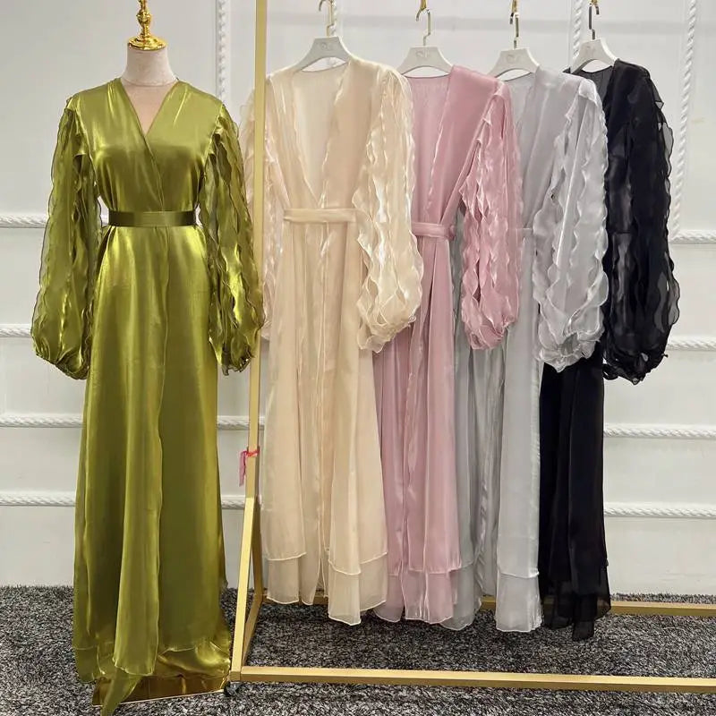 Heidi-Mode | Petal Puff Sleeve Satin Strickjacke Offene Abaya Kleid Muslim Frauen
