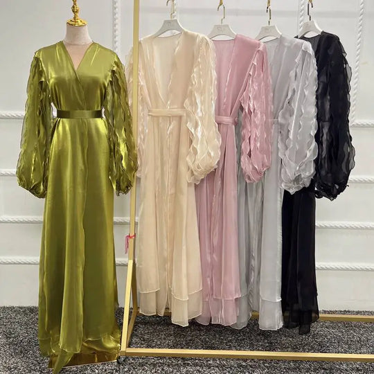 Heidi-Mode | Petal Puff Sleeve Satin Strickjacke Offene Abaya Kleid Muslim Frauen